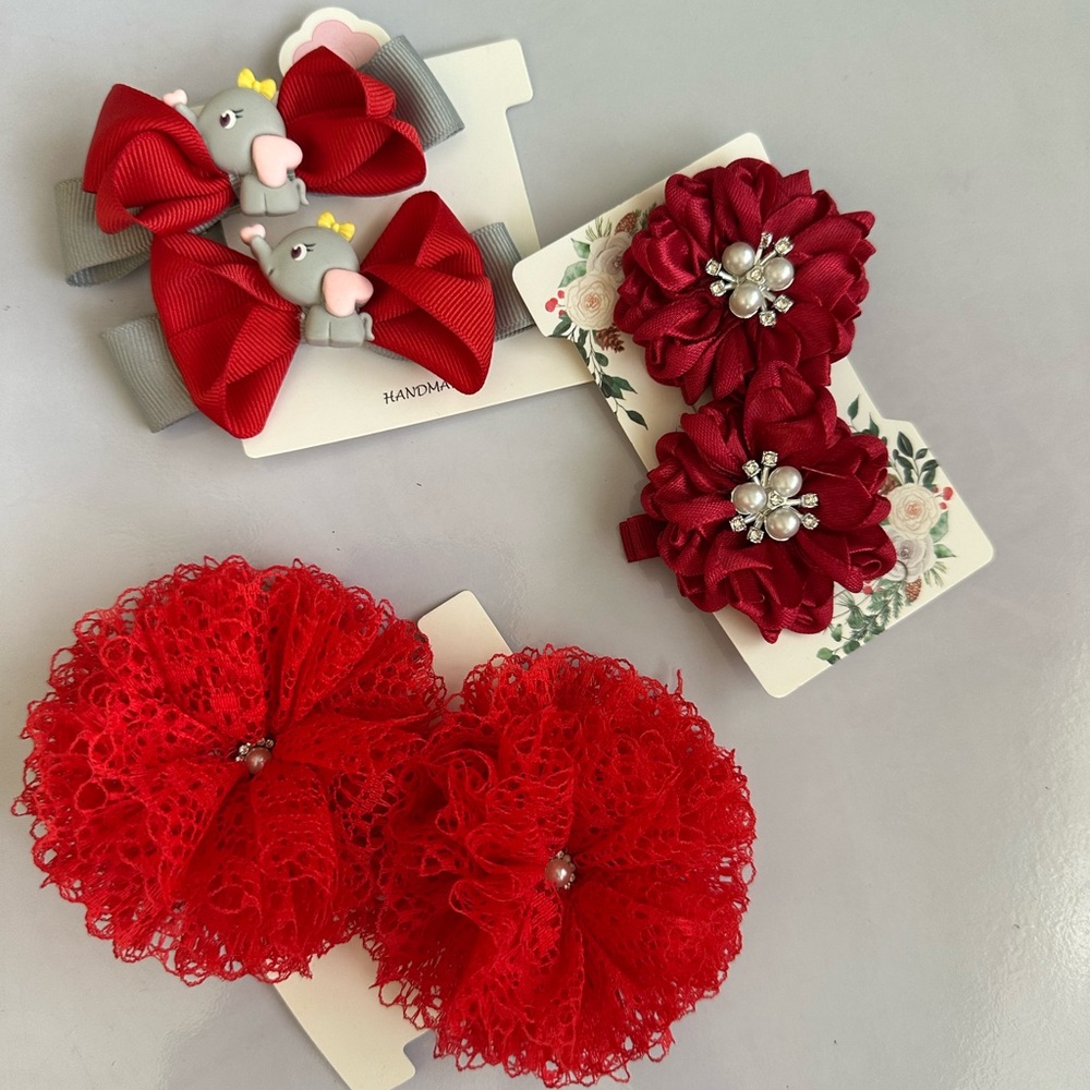 🌺 Handmade Red Hair Bows & Floral Clips Set – Girls Accessories